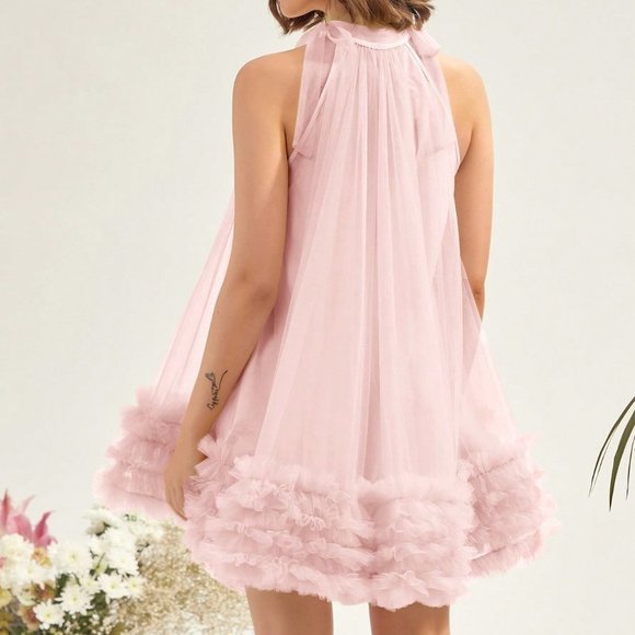 Sweet Valentine's Day Halter Neck Mesh Mini dressPink - Picture 3 of 5